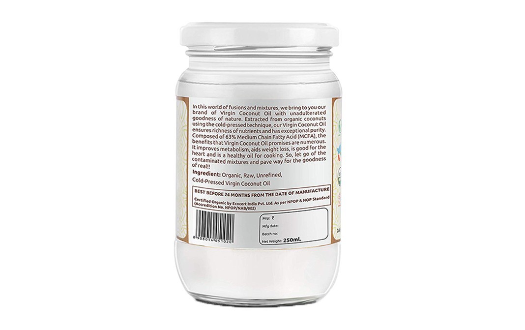 Erika Organics Organic Virgin Coconut Oil    Glass Jar  250 millilitre